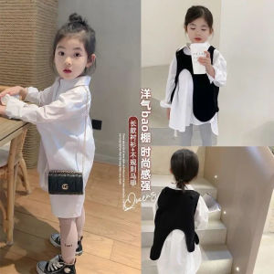 2023 Kids White Long Sleeve Blouse Baby Girl Shirt Kids Black Irregular Vest