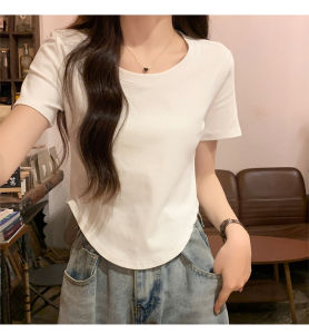 Korean Dress💟เสื้อยืดทรงเข้ารูป🎈ฤดูร้อนปี 2024 การออกแบบที่ไม่ซ้ำใครสีทึบแขนสั้นคอ U ร้อนและเซ็กซี่