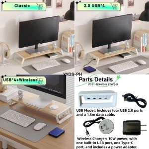 Premium Adjustable Monitor Stand with 4 USB Ports&Wireless Charger- Desktop Organizer Space-Saving Design Elegant Wooden Finish