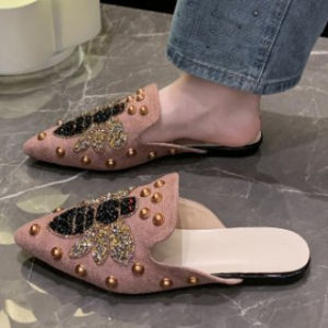 [Free Shipping] Plus-Size Studded Closed-Toe Mules For Women Rhinestone Pointed-Toe Solid Color Flat Shoes WomenS Slip-On Mules For Outdoor Wear