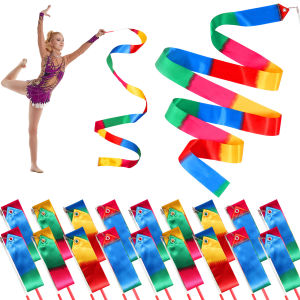 18pcs Ribbons for Gymnastics 78.7 Inch Sparkling Dance Ribbon Rainbow Ribbon Dancer Wand Streamer on a Stick for Girls