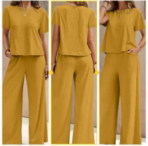 Elegant Casual Chic Two-Piece Set with Round Neck Top and Wide-Leg Pants JJ