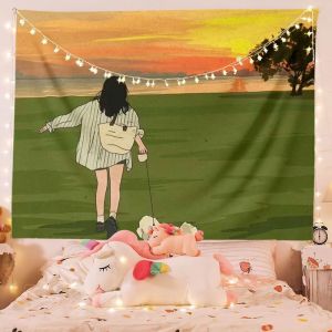 Korean background ins Hand-painted Couple Hanging Tapestry Fresh Couple Illustration Room Decoration Bedroom Headboard Decor Tapestry