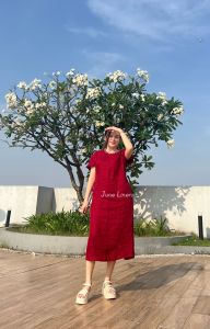 [JUNE LINEN] Đầm Linen tưng bố washed cho nữ. Kết tay ngọc trai. Có túi 2 bên sườn kèm belt. Ảnh chính chủ.