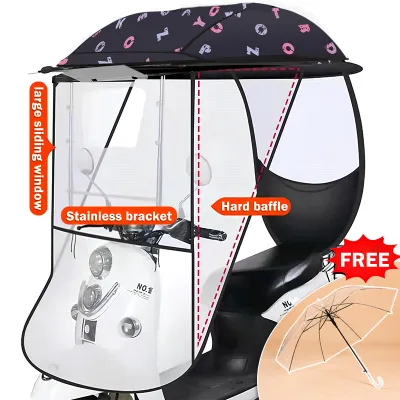 【No Falling Down In Heavy Wind】Thickened Motorcycle Canopy Protective Gear Electric Car Canopy Windproof Rainproof Scooter Cover Rain Sun Protection Umbrella Electric Bicycle Windshield Electric Car Scooter Cover Rain with Bracket
