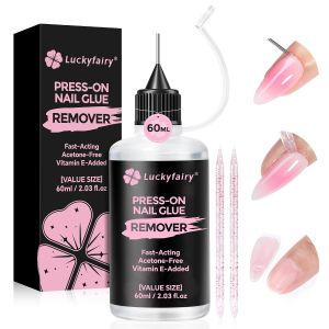 Luckyfairy 60ML Nail Glue Remover for Press on Nails: Acetone-Free Gentle Pinpoint Glue Remover with Cuticle Pusher Multi-Functional Glueoff Fast Remover Fake Nails Not for Gel Polish