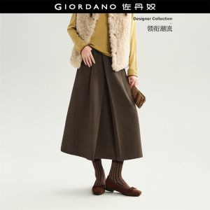 GIORDANO Women Skirts Half Elastic Waist Pleated Maxi Skirts High Waist A-Line Fashionable Casual Smooth Skirts 18466230