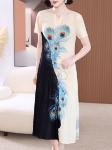 ♧ஐ㍿ Aiden001 Middle-Aged Women Pleated Long Mother Wear Summer Printed Plus-Size Loose Fitting High Stretch Non-Iron Dress UU078