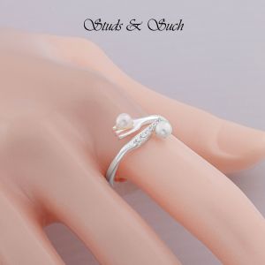 [Studs & Such] 925 Silver Fork & Knife Adjustable Ring With Freshwater Pearls & Cubic Zirconia