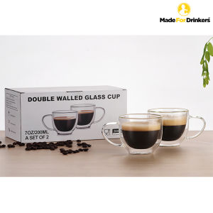 Box of 2 (200 ml) Borosilicate Double Wall Glass Cups  Double Wall Mug  Coffee Mugs Glass Tea Mugs  Tea Cups Latte Cup  Glass Coffee Mug Beer Glasses Latte Mug Clear Mugs Glass Cappuccino Cups double walled  Drinking Cup [Made For Drinkers]
