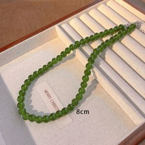 FLORI 4 6 8 10mm Green Beads Necklace Round Glass Collarbone Chain  Toggle Clasp Choker Necklace Women