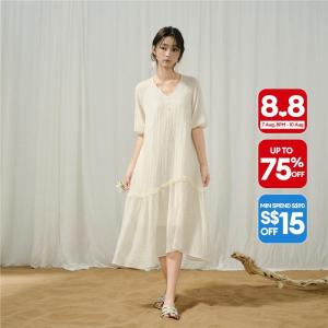 Giordano Women V-neck ruffle trim sequined embroidery midi dress Free Shipping 18466527