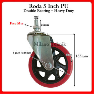 Roda 5 inchi PU Screw hidup/Rem taiwan + Double bearing Heavy Duty troli etalase