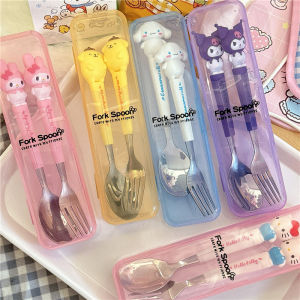 Sanrio Stainless Steel Tableware Set Cute Kuromi My Melody Hello Kitty Cinnamoroll Fork Spoon Set With Portable Box Student Cutlery