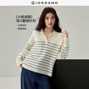 Giordano Beau Monde Women Striped skipper collar high-low hem sweater Free Shipping 13356636