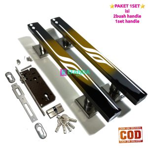 Set pegangan pintu rumah minimalis untuk daun pintu kamar dan dapur bahan stainless pilihan panjang 33cm 45cm dan 60cm. Isi 2 buah handle dan 1 set handle.