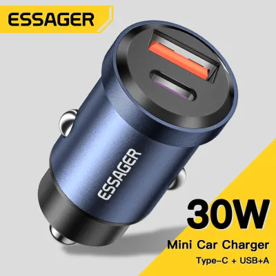 Essager aluminum alloy car charger type-C + USB dual port output 30W fast car charger suitable for iPad Pro 2021 iPhone 13 Pro Max Samsung S22 fast car phone charger
