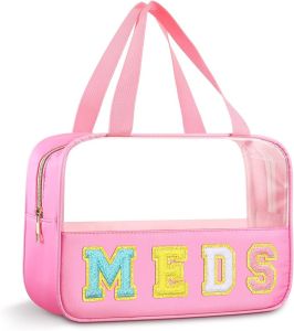 Silkfly Chenille Letter Clear Medicine Bags Makeup Meds Bag Travel First Aid Bag Nylon PVC Waterproof Zipper Tote Pouch with Handle for Women(Classic)