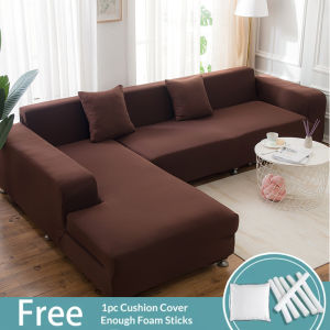 (L Shape Need to Buy 2 PCS) Sofa Cover Stretchable Plain Color Couch Cover Set L Shape I Type Black Beige Coffe Dark Light Grey Camel Universal Slipcover Washable 1 2 3 Seater with Free Pillow Case Home Living Room Decor Sofa Protector Sale
