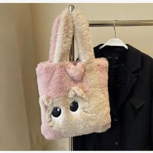 EchoBliss  กระเป๋าโท้ทขนกระต่ายเร็กซ์เลียนแบบแมวน่ารักปักสีตัดกันกระเป๋าถือไหล่เดียวนุ่มน่ารักแฟชั่นสตรีทแมทช์ทุกวัน