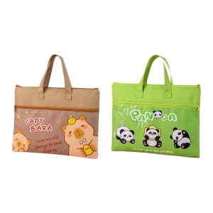 Cartoon File Bag 2 Compartments Zippered Pouches Portable Folder Document Organizers Handheld Book Bag for Student