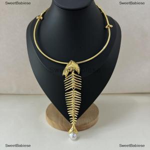 [COD] SweetBabiese Novelty Design Alloy Big Fish Bone Pendant Choker Necklace For Women Fashion Exaggerated Necklace Jewelry Accessories Gift