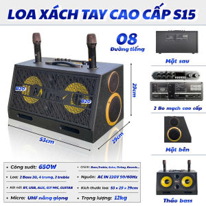 Loa Karaoke S15 8 Đường Tiếng 650W – 2 Bass 20 Trung Rõ Treble Kèn Sáng Kèm 2 Micro Pin AA