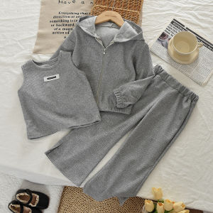 Bear Leader Autumn Korean Version Gray Girl Clothes Long Sleeved Hooded Sweatshirt+Vest+Flared Pants Fashionable Three Piece Set