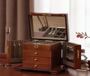 Shopclassyshop Vintage solid wood Wooden jewelry storage box with Mirror large capacity multi-layer vintage jewelry organizer