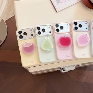 Korean Candy Colors With Cartoon Fruit Bracket Phone Case For IPhone 17 16 15 14 13 12 Pro Max Shockproof Soft Cover