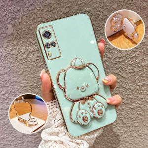 VRQR Luxury Electroplating Phone Case for Vivo Y51 2020 Y31 2021 Y51A Y53S 4G V2030 V2036 V2031 Cute hat bear mirror bracket Silicone anti drop soft shell (The bracket can rotate)