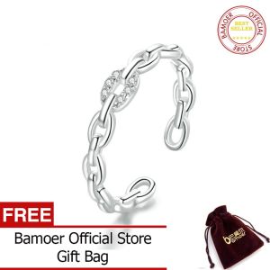 BAMOER Genuine 925 Sterling Silver Geometric Chain Ring Finger Rings for Women Wedding Band Engagement Statement Jewelry BSR145