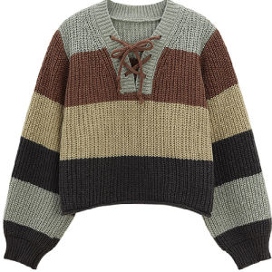 New Lazy Style Striped Color Contrast V-neck Sweater Womens Tops Loose All-match Sweater