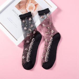 ECMLN 3 Pair Breathable Ultra Thin Socks Summer Women Transparent Lace Silk Harajuku Socks Mesh Calcetines