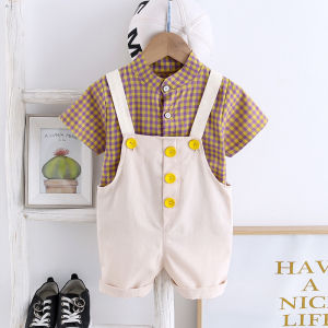 Cool boy suit Summer plaid short sleeved suspenders fashion two-piece set Children clothing suits