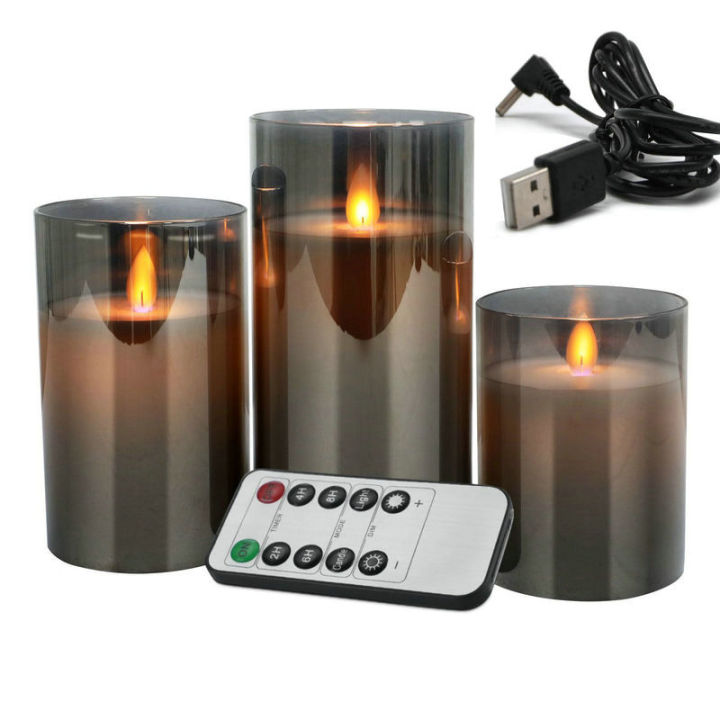 USB Rechargeable LED Flameless Pillar Candle Set Flickering Moving Wick