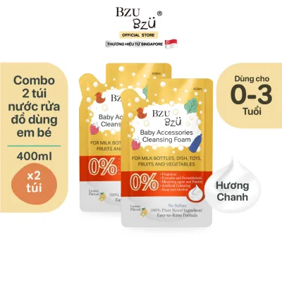Combo 2 túi nước rửa bình & đồ dùng em bé thuần thực vật 400ml Bzu Bzu Baby Accessories Cleansing Foam 400ml (Hương chanh)