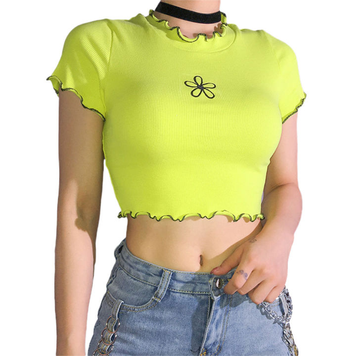 Moderntime Tiktok style Fashion Women Girls Green Shirt Casual Slim Lace  Frill Shirts Cropped Tops Summer Flower O-Neck Shirts Female Tops
