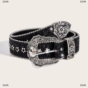 🎈🎀【Low price】GUIN Personality Gothic Rhinestone Belts For Women Girl Fashion PU Leather Belts Western Cowboy Y2K Retro Jeans Skirt Decor Waistband