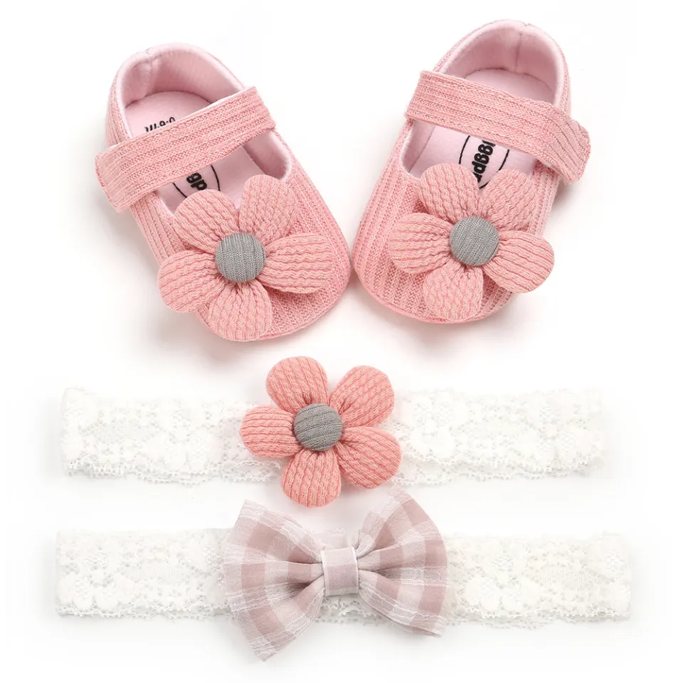 Baby Shoes For Girl With Headband Set Flower Infant Foot Wear Shoes For  Baby Walking Year Old