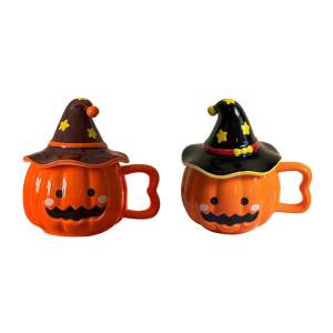 Halloween Pumpkin Shape Ceramics Coffee Mug With Witch Hat Cover Lid Drinkware Cup For Home Kitchens Decoration