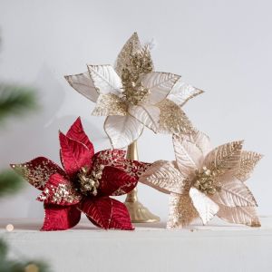 LETIGO Decorative Flower Pick Artificial Poinsettia Layered Petals Velvet Fabric Artificial Christmas Flower Glitter Edged Petals Christmas Flower Pick Christmas Tree Decorating