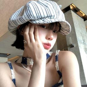 GONG4 Y2k Striped Berets Thin Spring Summer Octagonal Hat Korean Sunscreen Painter Caps Female
