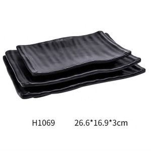 Dĩa hình chữ nhật màu đen nhám MELAMINE để thịt nướng BBQ trang trí thức ăn bàn tiệc có chân dầy cao cấp