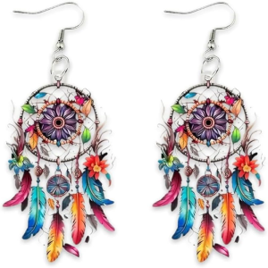 Bohemian Dreamcatchers Plume Earrings Acrylic Bohemian Plume and Floral Earrings for Women Colorful Dream Catcher Dangle Jewelry Hippie Dangle for Festivals Beach Days
