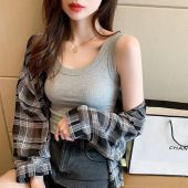 『Brelira』Fixed Cup Cotton Singlet Women Sleeveless Camisole Inner Tank Top With Padded Round Neck Casual Camisole