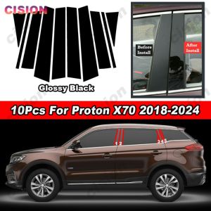 10Pcs Piano Black PC Material Car Door Window Center B C Pillar Post Middle Column Cover Trim Glossy Mirror Effect Sticker For Proton X70 2019 2020 2021 2022 2023 2024 Accessories