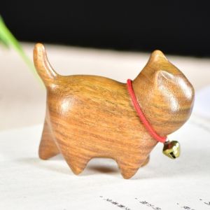 MIIQNUS Kết cấu tự nhiên Tượng mèo bằng gỗ Chạm khắc gỗ Làm thủ công Đồ trang trí hình mèo Sáng tạo Có Bell Tượng điêu khắc mèo con Trang trí nhà cửa