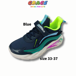GRACE | Kids Boys and Girls Sports Shoes Breathable Mesh Light Soft Comfy Anti-Slip Sole Velcro Strap Elastic Shoelaces Casual Sneakers Size 33-37