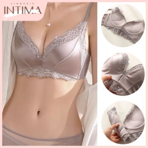 INTIMA บรา/บราและเซ็ตกางเกงใน】บราดันไร้สายสำหรับผู้หญิงบราผ้าซาตินลูกไม้หรูหรายกทรงป้องกันการหย่อนคล้อยชุดชั้นในผู้หญิงบราไร้รอยต่อ